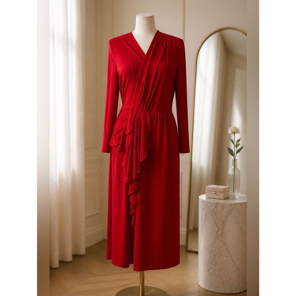 New York & Company Red V-Neck Ruffle Dress